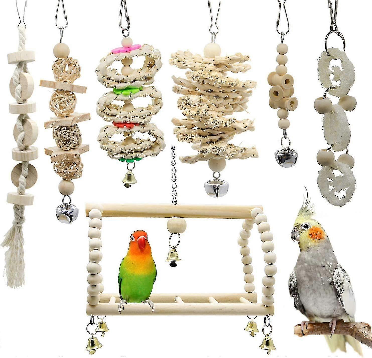 7 confezioni uccello pappagallo altalena masticare giocattoli-appendere Bell Bird Cage giocattoli adatti per piccoli parrocchetti, cockatiel, conuri, fringuelli, pappagallini, are, pappagalli
