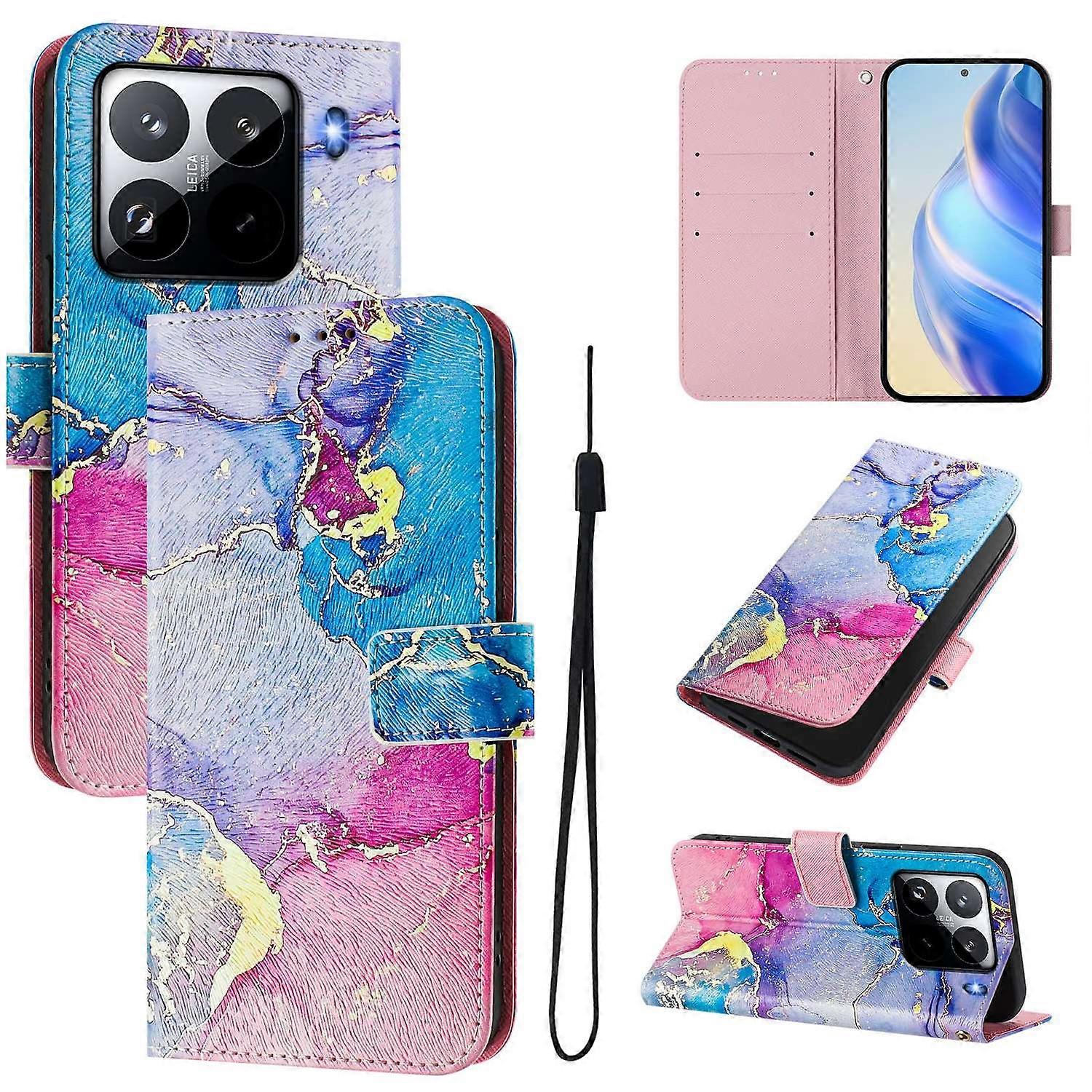 For Xiaomi 15 Pro Case Pattern Printing Wallet Phone Cover with Strap - Multicolor Marble