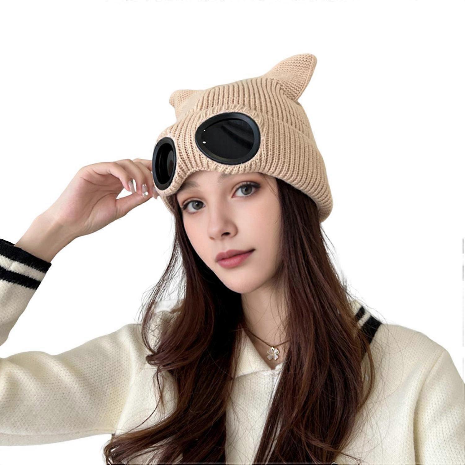 Winter Ladies Hat Kitty Head Solid Color Goggle Decor Ball Decor Demon Cap Windproof Elastic