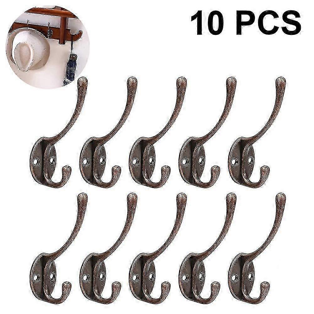 10 Pack Rustic Coat Hooks Wall Mounted Heavy Duty Dual Hooks Retro Double Robe Hooks Utility Hooks with Screws for Hanging Coat, Bag, Hat, Towel, Cup