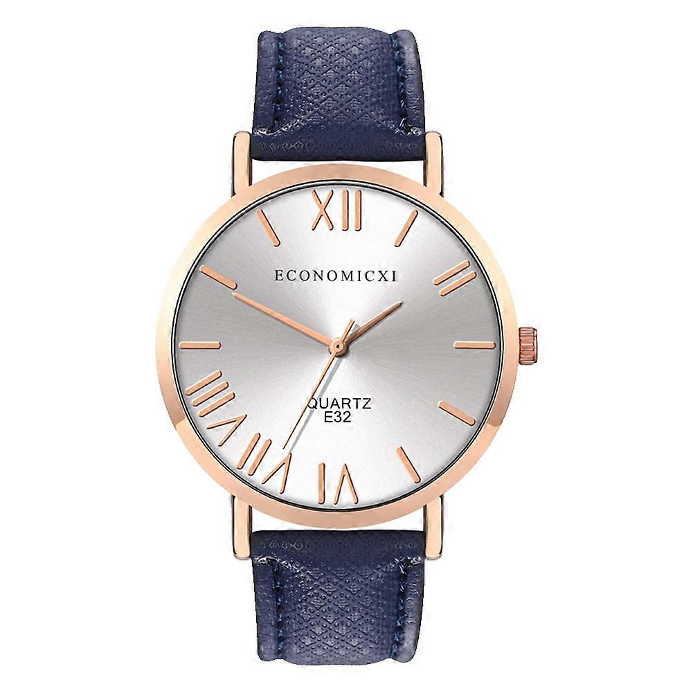 Women Men PU Leather Wrist Watch Round Dial Delicate Analog Display Quartz Watch(White Blue)