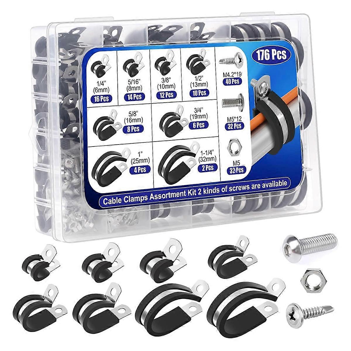 176Pcs Cable Clamps Set, 8 Sizes Rubber Insulated Clamps with 72Pcs Screws, for Wire Cord Automotiv
