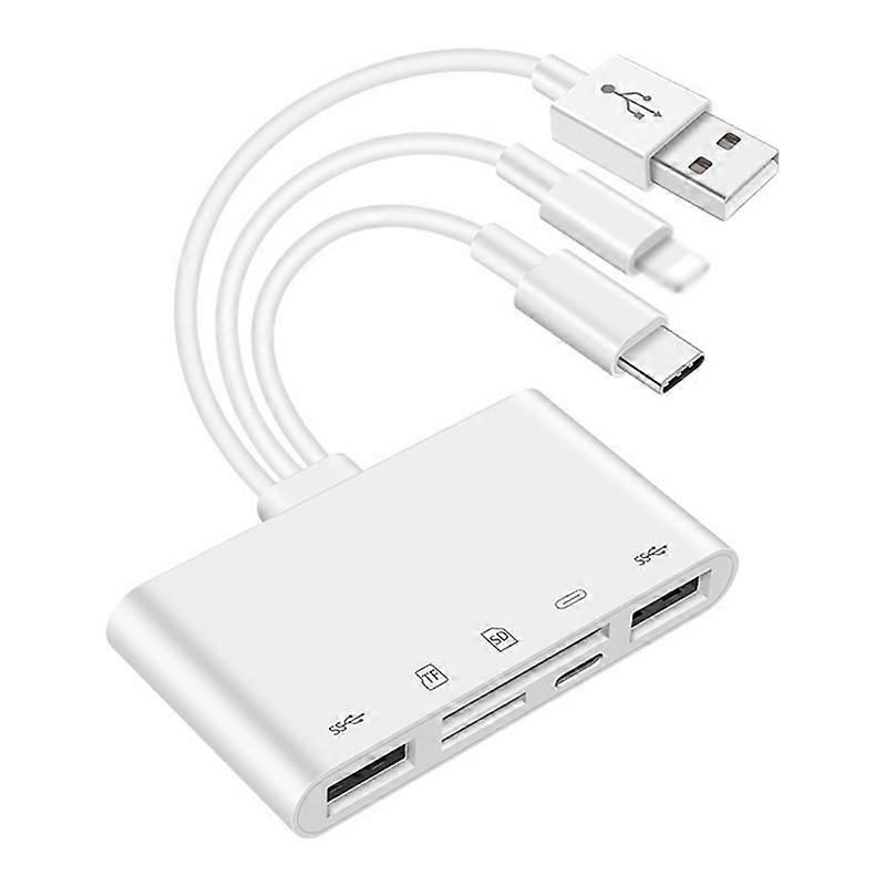 5-in-1 USB Hub Lightning 2xUSB SD TF Card Reader Adapter with Type-C/USB/Lightning Port