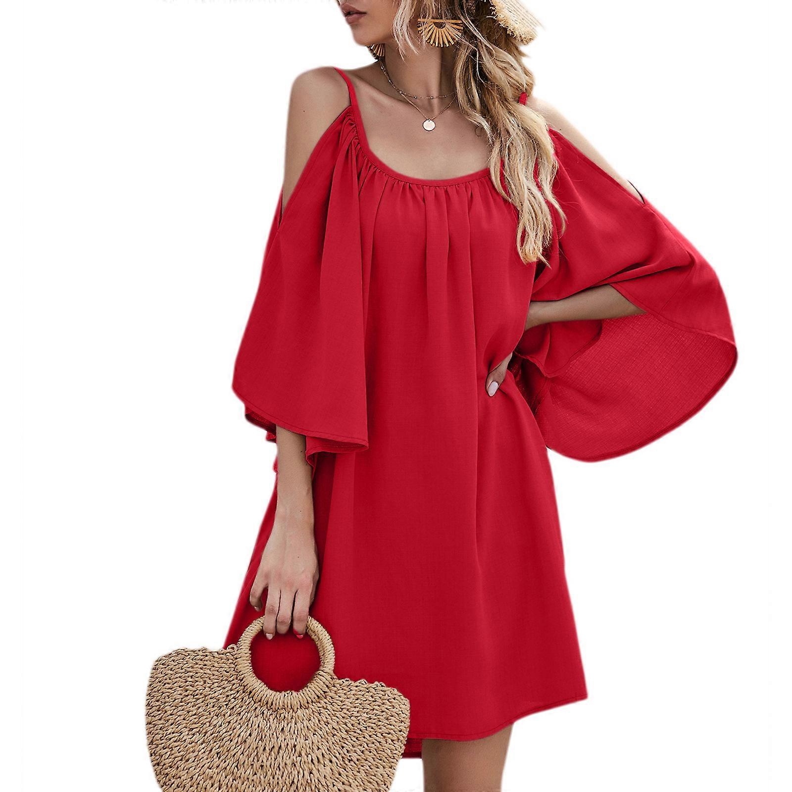 Womens Spring Dresses for Women,Scoop Neck Off The Shoulder Flared Sleeve Smocked Dress Female Clothing  Red XL