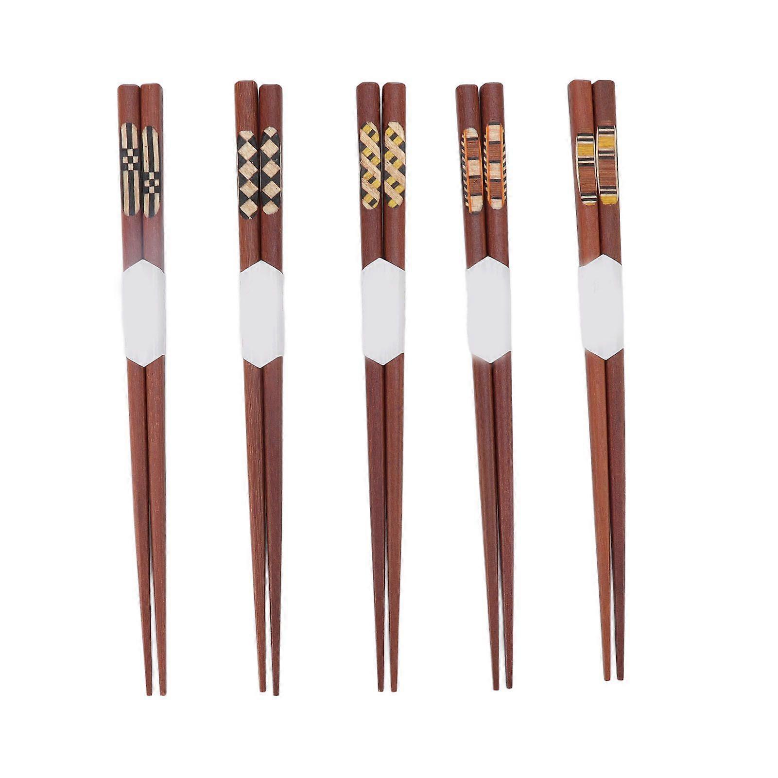 5 Pair Wooden Chopsticks, Red Sandalwood, Reusable Natural Grooved Sticks