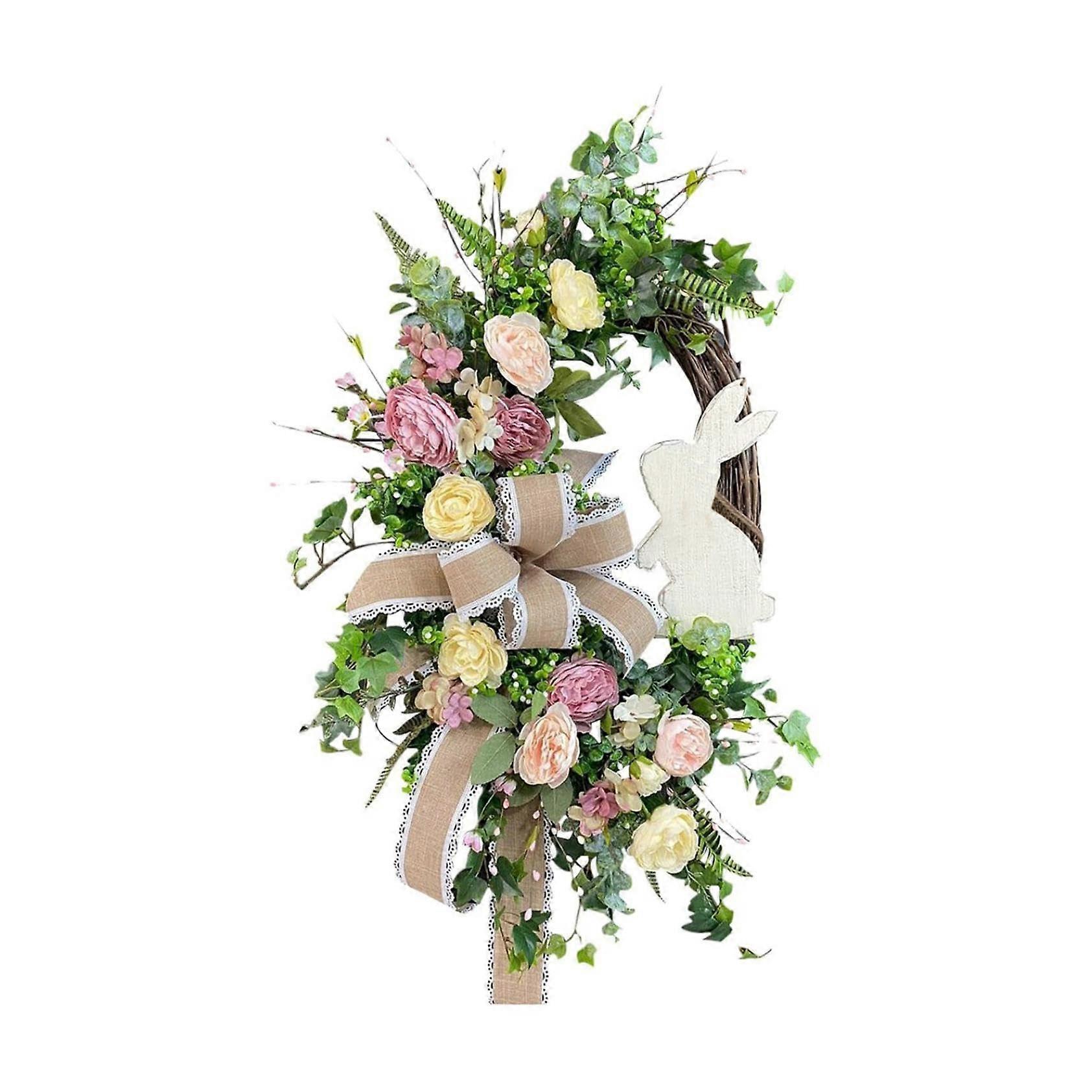 Easter Bunny Wreath for Front Door, Spring Wreaths Bunny Flower Garland with Bowknot Easter Rabbit Wreath