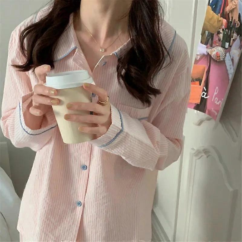 Spring and Autumn Long Sleeve Pajamas Cute Color Blocking Stripes Casual Loose Sleepwear Turn-down Collar Homewear 2 Pieces Set
