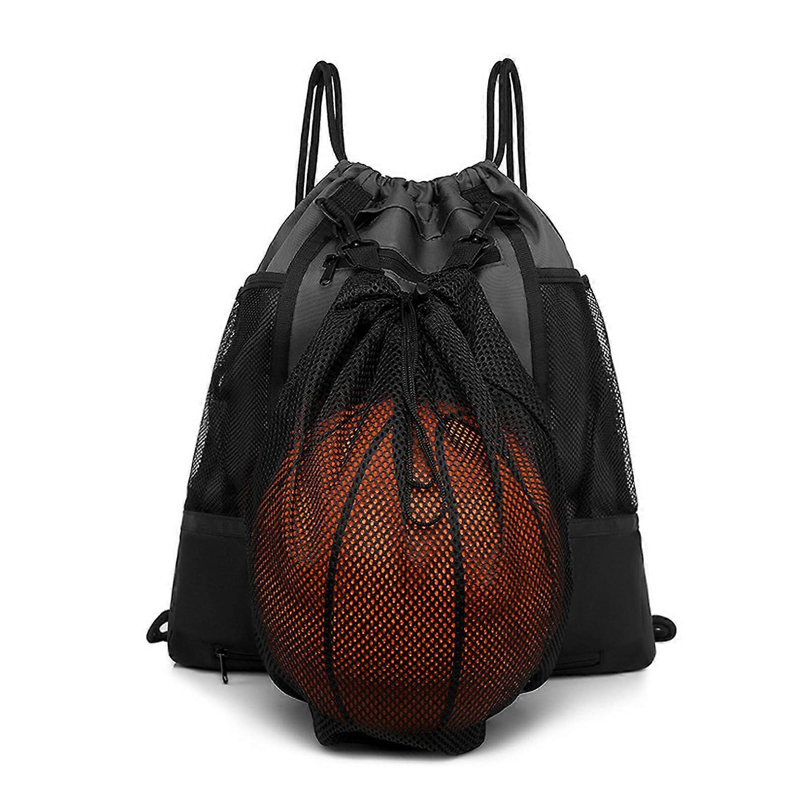 Boys' Basketball Shoulder Bag With Zipper Closure Foldable Drawstring Sackpack And Double-Sided Mesh Pockets Dark Grey