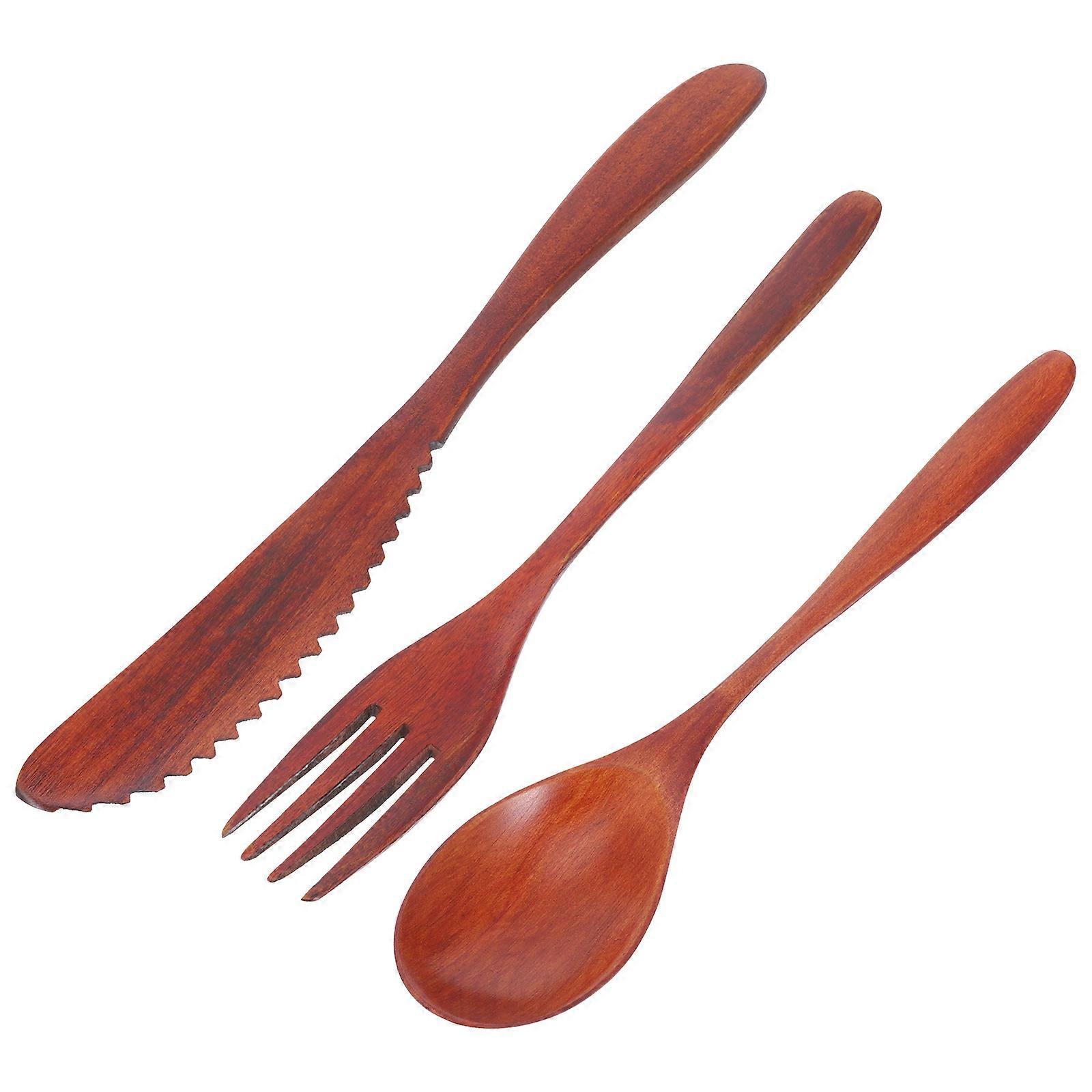 Japanese Style Tableware Set Wooden Spoon Fork Reusable Multifunctional 3Pcs