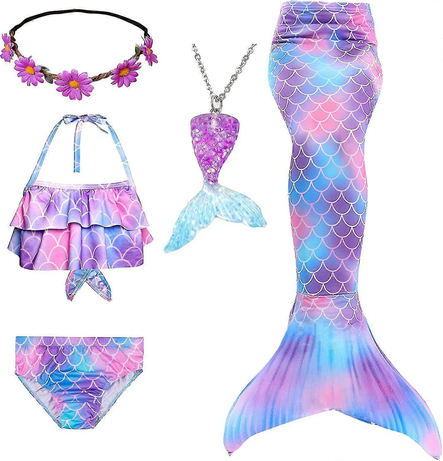 Mermaid Tails Swimsuit for Girls Swimming Kids Bikini Costume 5pcs Set with Flower Headband