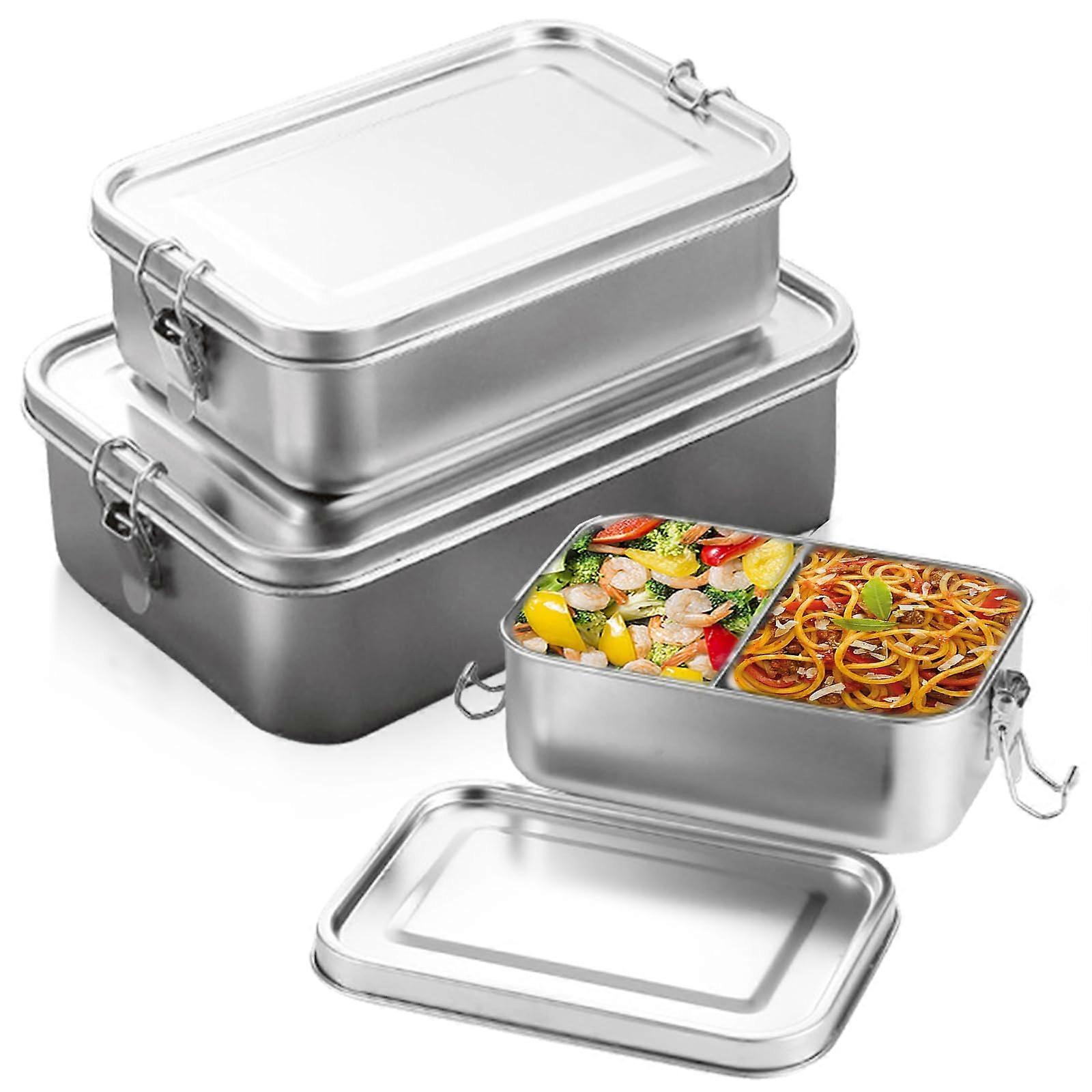 Pack of 3 Stainless Steel Lunch Boxes, 2400 ml, 1400 ml, 850 ml, LeakProof