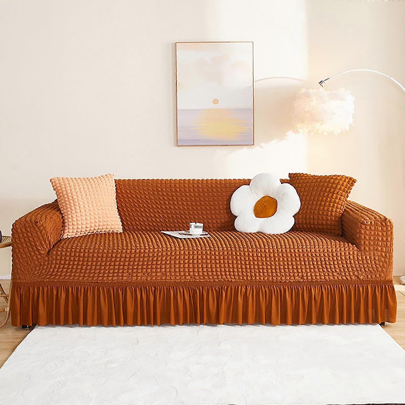 Sofa cover with soft jacquard fabric, ruffled edge for 2/3seater, machine washable (Dark Yellow)