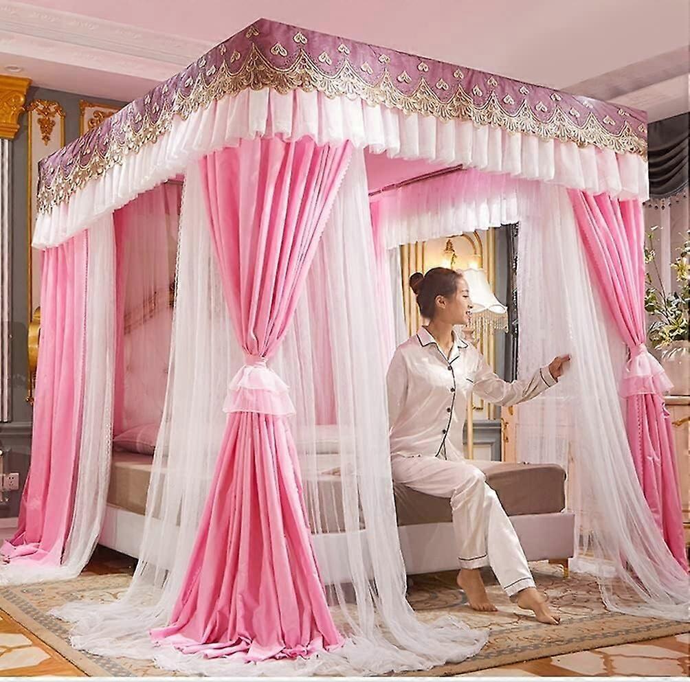 4post bed canopy, lace embroidery, deluxe bed curtain with stand (Color: Pink4, Size: 200 x 220 cm)