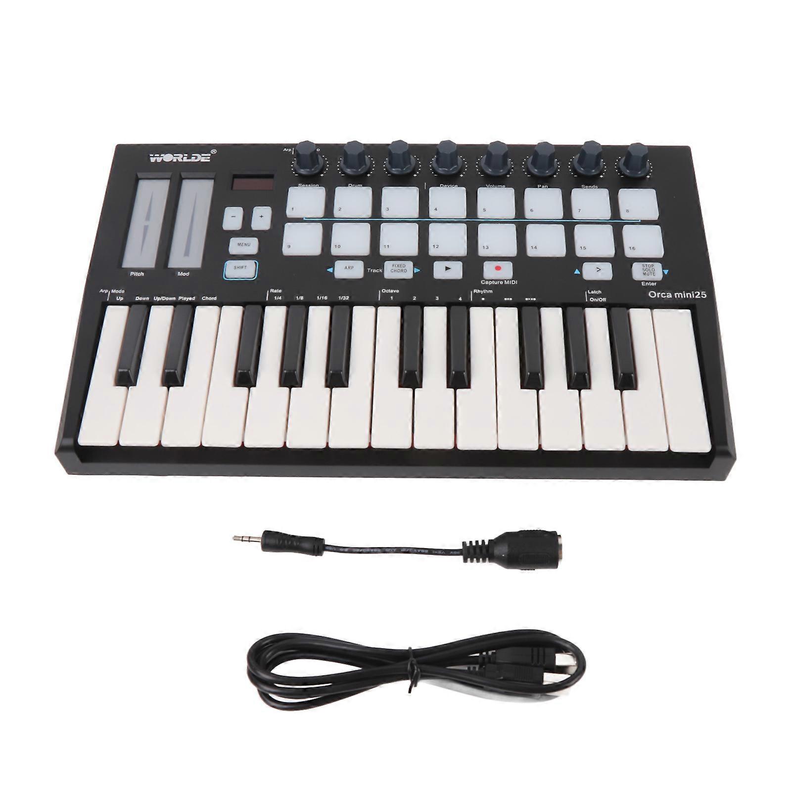 Tragbarer USB-MIDI-Keyboard-Controller mit 25 Tasten und 16 Trigger-Pads mit RGB-Hintergrundbeleuchtung, 8 zuweisbare Bedienknöpfe