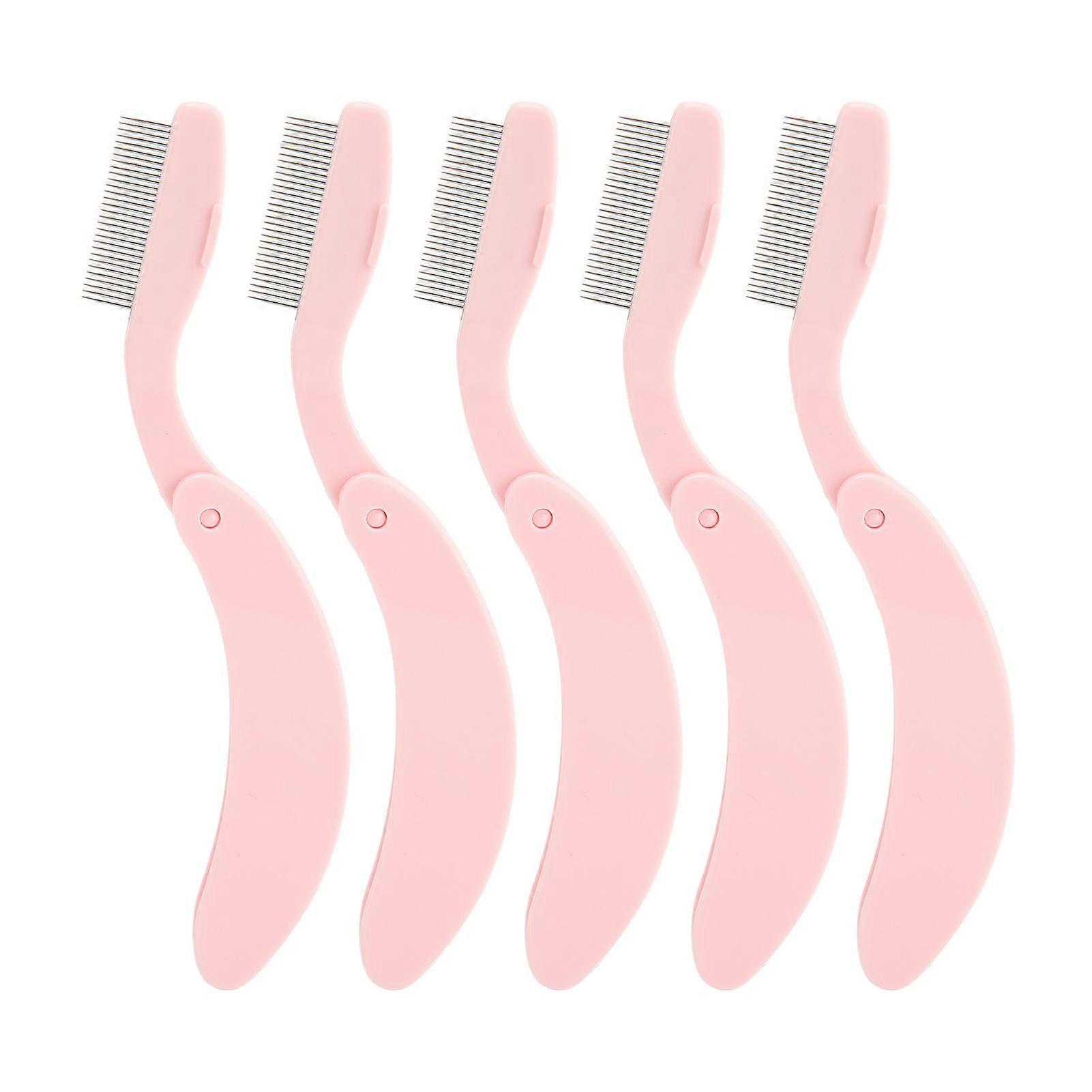 5pcs Curve Handle Lash Comb Stainless Steel Folding Eyelash Teeth Comb Tool for Makeup Pink