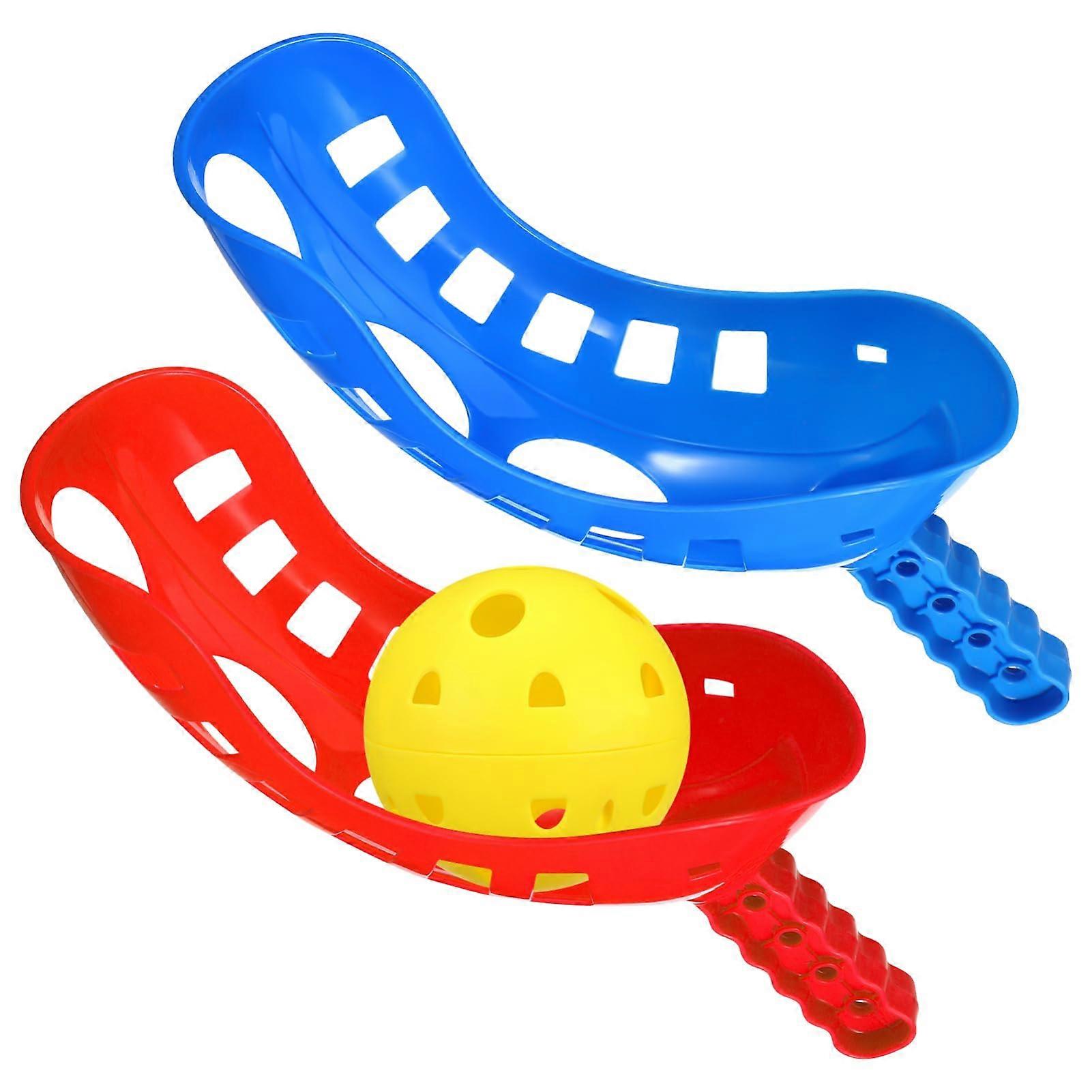 3-Piece Interactive Scoop Ball Game Set with Blue and Red Handles, Yellow Ball for Beach Play for Kids and Parents