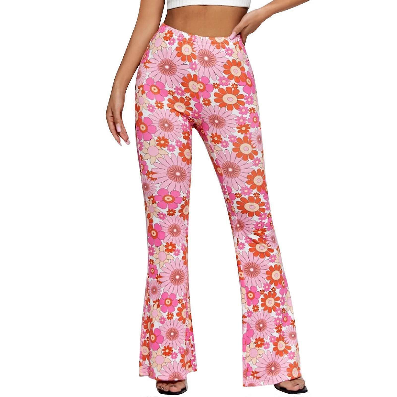 Women's 70s Oversize High Waist Flower Palazzo Pants XL Pink for Hippie Costumes and Disco Outfits
