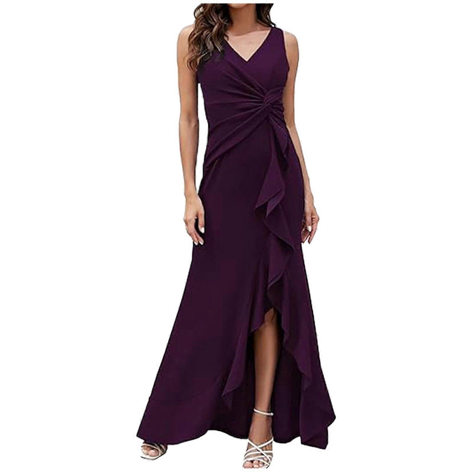 Elegant evening dress for women, Vneck, sleeveless, twopiece, slim fit, long dress for women, offshoulder dress (Purple, L) Ref: 9267