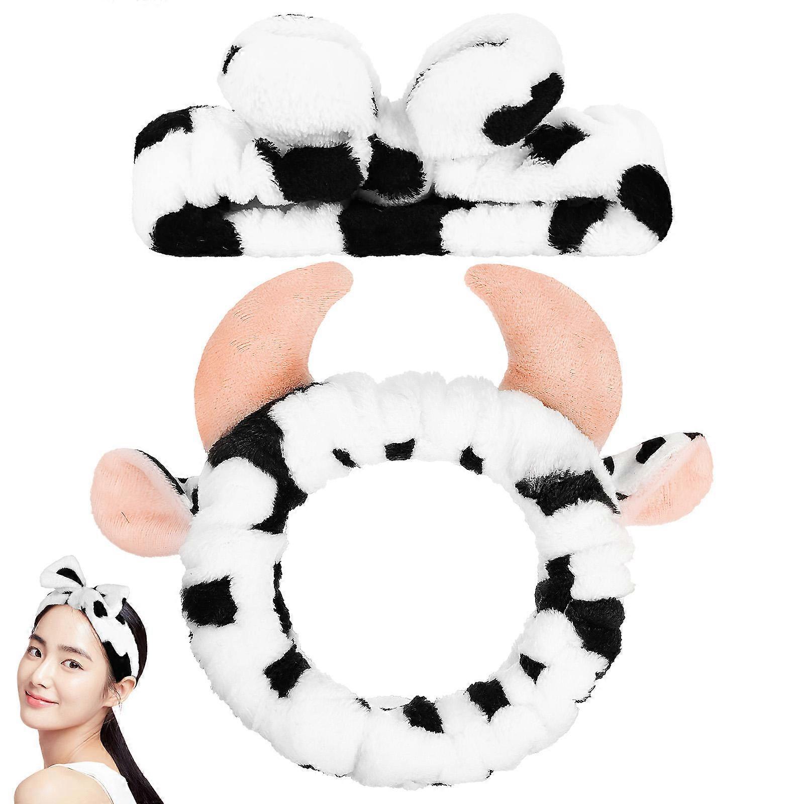 Cow Print Spa Headbands with Horns and Bow – Elastic Non Slip Makeup Hair Bands for Women – Facial Skincare Headbands for Face Washing and Exercise