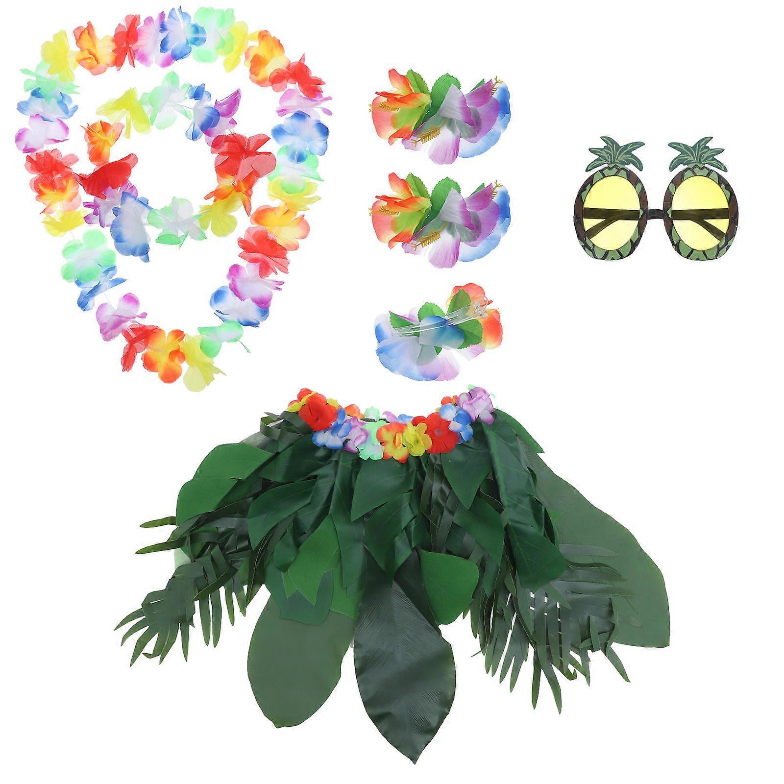 Tropical Luau Party Costume Set with Leaf Skirt, Garland, Sunglasses, and Hibiscus Hair Clip for Beach and Summer Events
