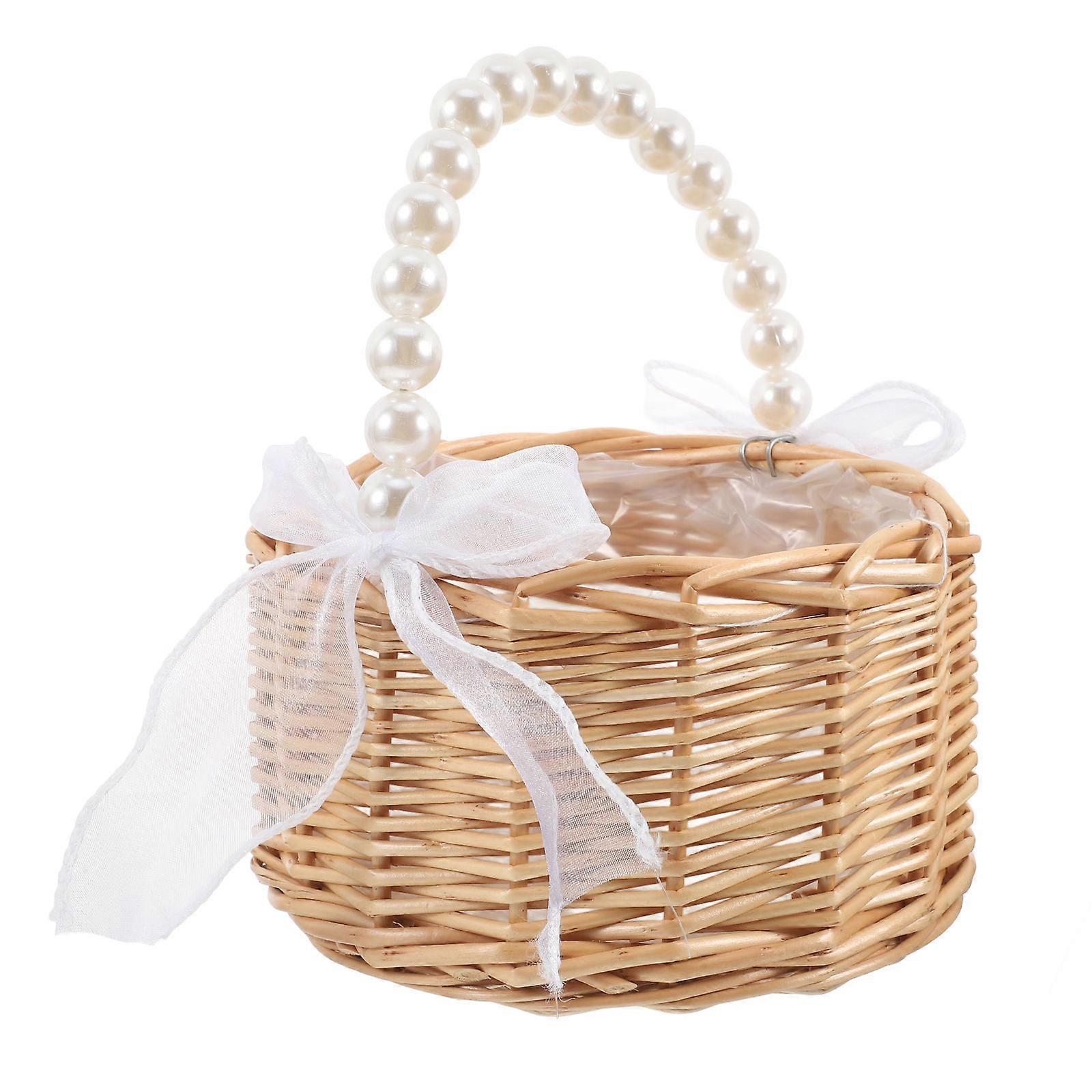 Elegant Woven Flower Basket with Bead Handle for Weddings, Rustic Events, and Floral Arrangements – Lightweight Wicker Design for Outdoor Use and