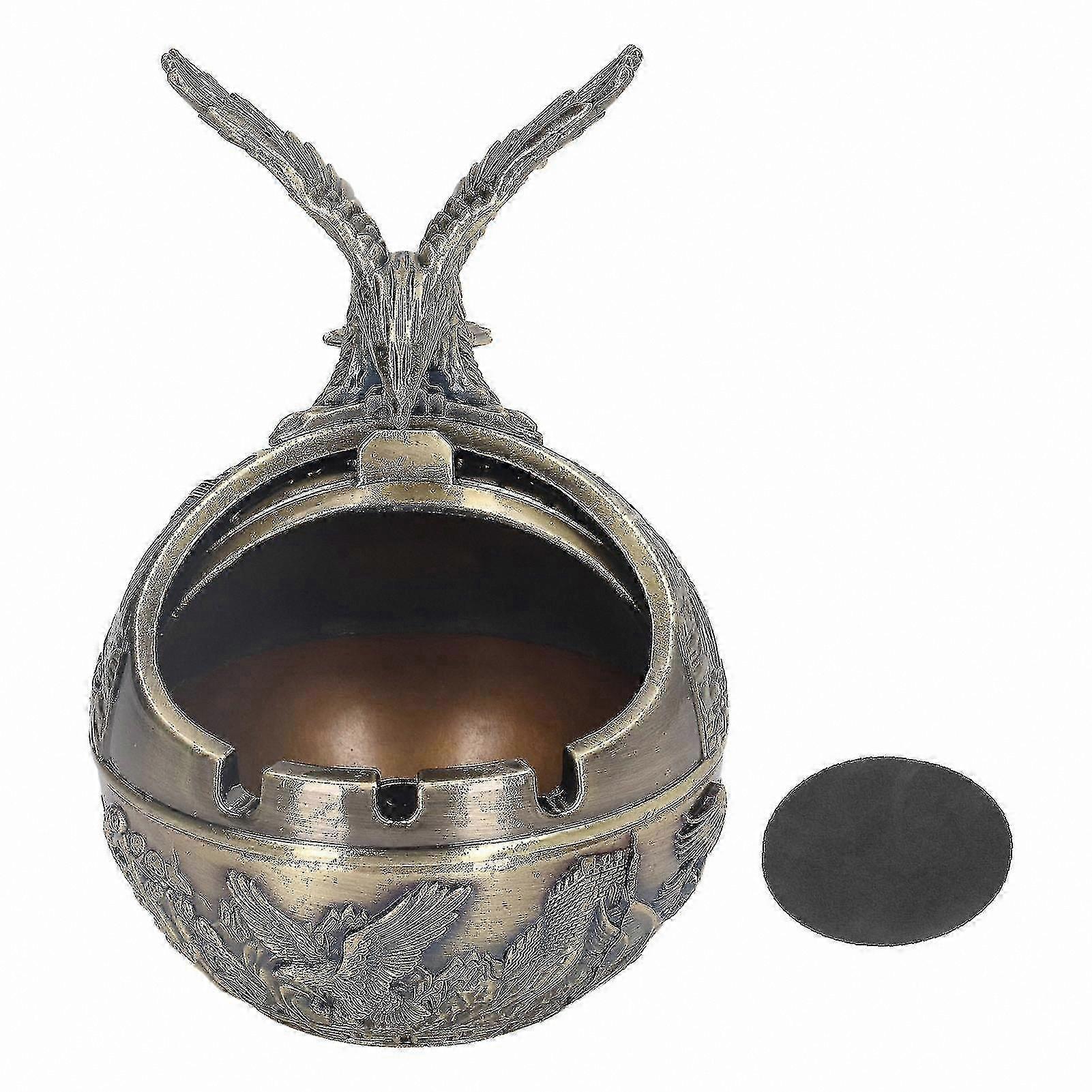Retro Cylindrical Ashtray with Lid, Windproof Design, 3 Fixing Slots, Skid-Resistant Pads for Office and Restaurant Use