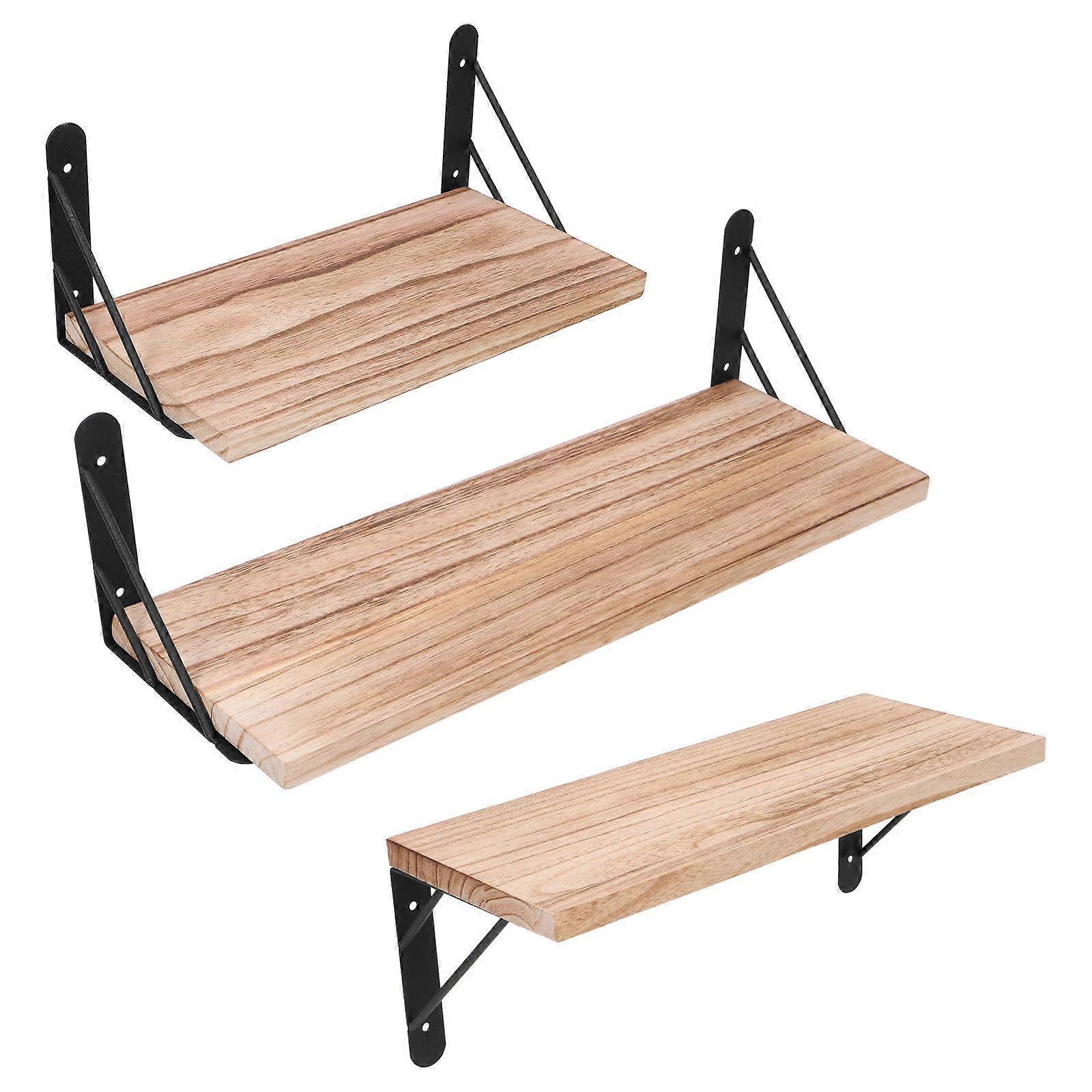 Wooden Floating Shelves Wall Rack 3-Pcs Set Rectangular Khaki Vintage Design Space-Saving Storage For Indoor Use