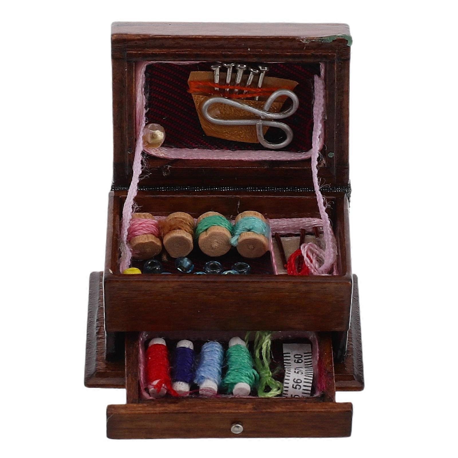 Vintage Wooden Sewing Box for Dollhouse Use Multi Realistic Scale Miniature Craft Project