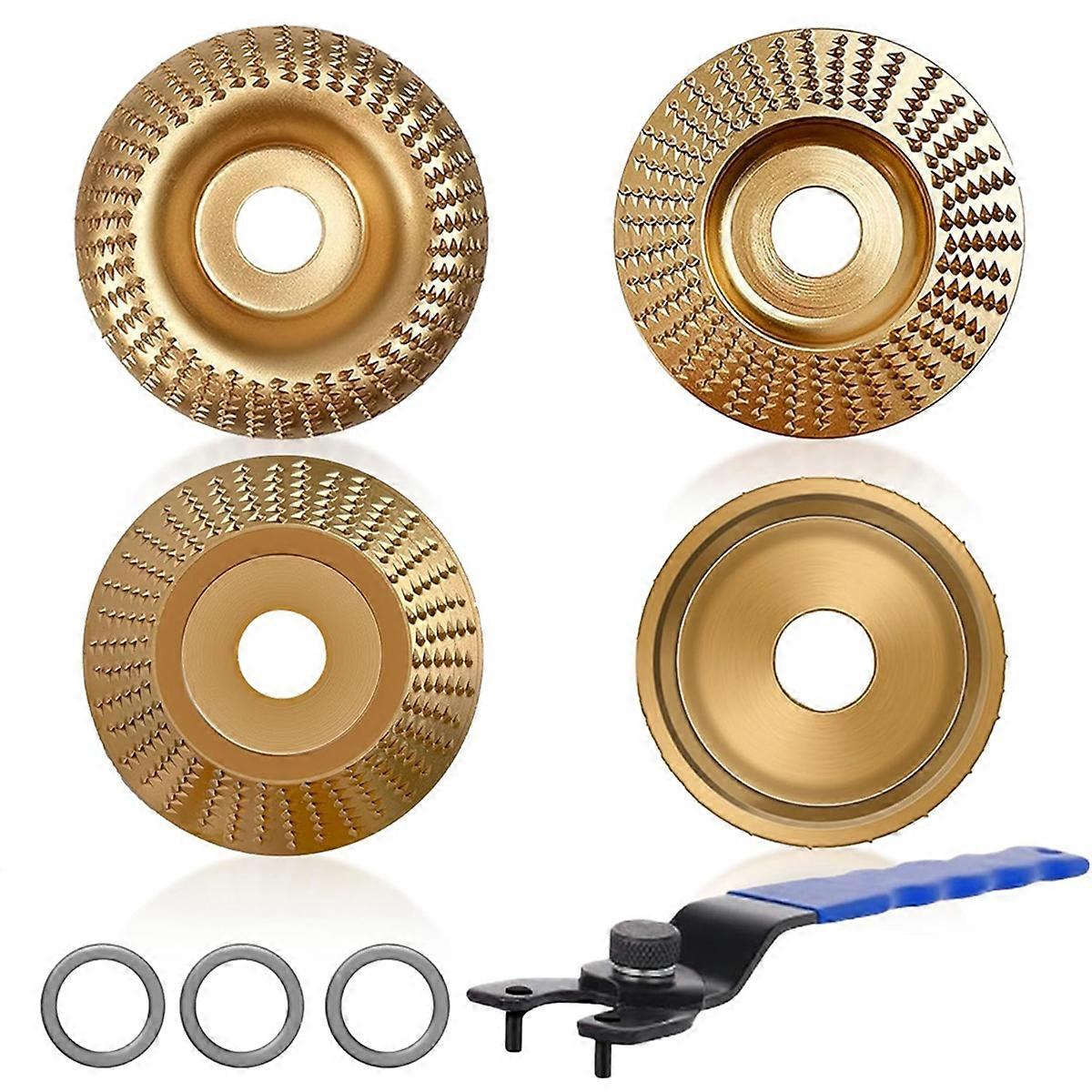 5PCS Wood Carving Disc Set for 4in or 4-1/2in Angle Grinder,Flat Arc Oblique Parallel Grinding Wheels with Wrench