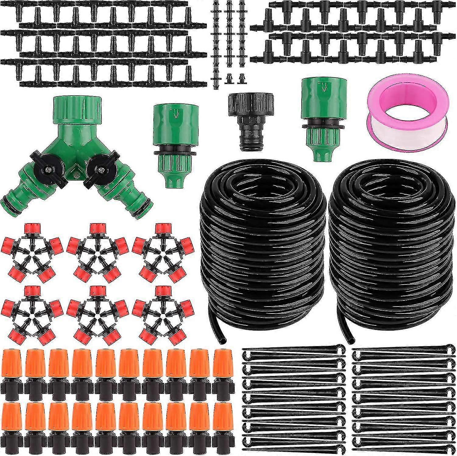 Drip Irrigation Kit for Gardens: 100ft/30m Automatic Watering System with Micro Tubing, Atomizing Nozzles & Drippers