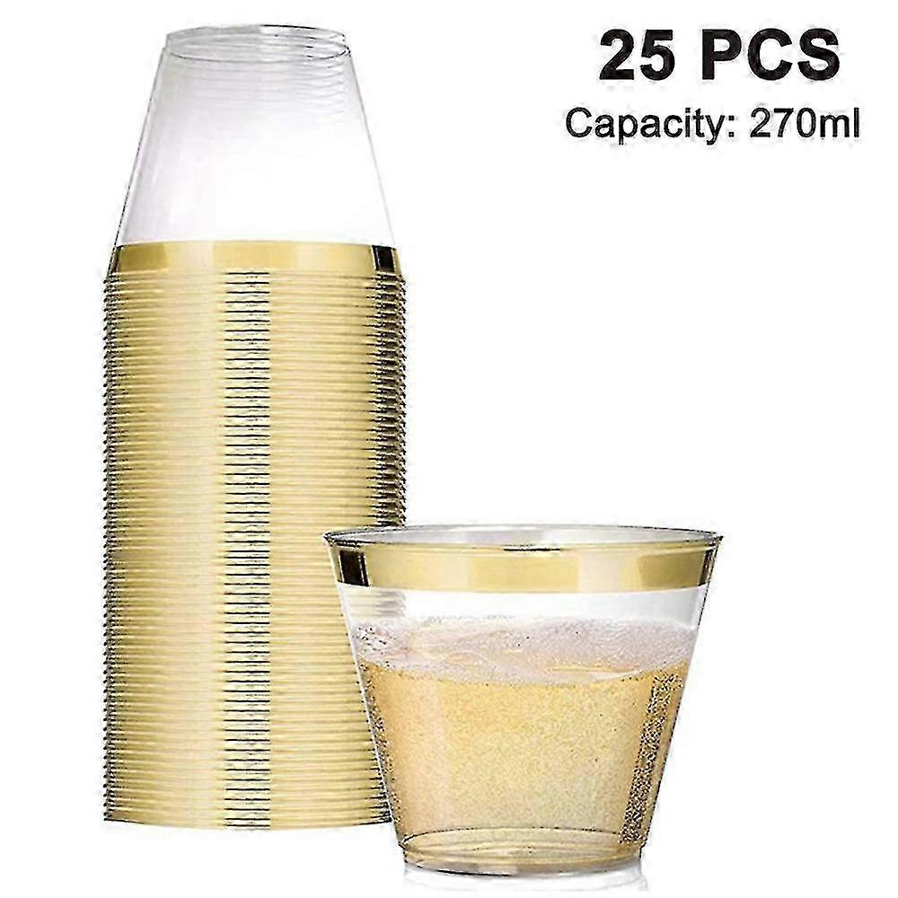 25 Pack-9oz Vaso de cóctel de plástico, vaso de plástico con borde resistente, borde de oro