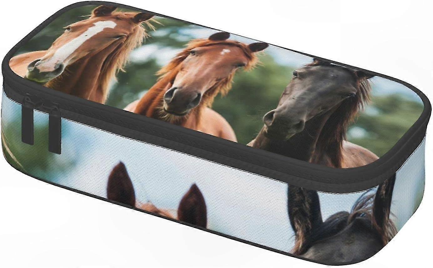 Large Capacity Horse Print Pencil Case for Kids Polyester School and Office Storage Solution