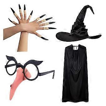 Halloween Witch Costumes Witch Cloak Crooked Witch Hat False Nails Nose Glasses
