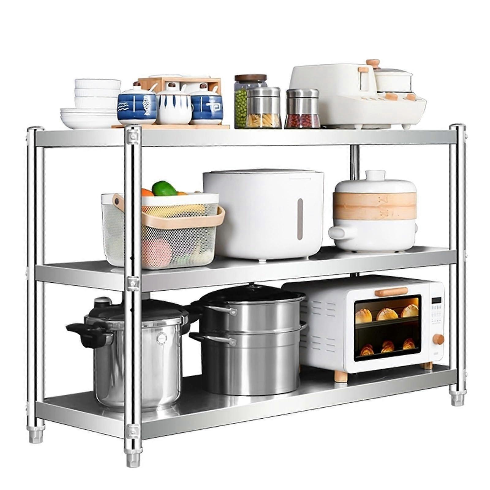 3 Tier Stainless Steel Work Table With Adjustable Shelves And Open Storage 60x40x80cm For Kitchen And Garage