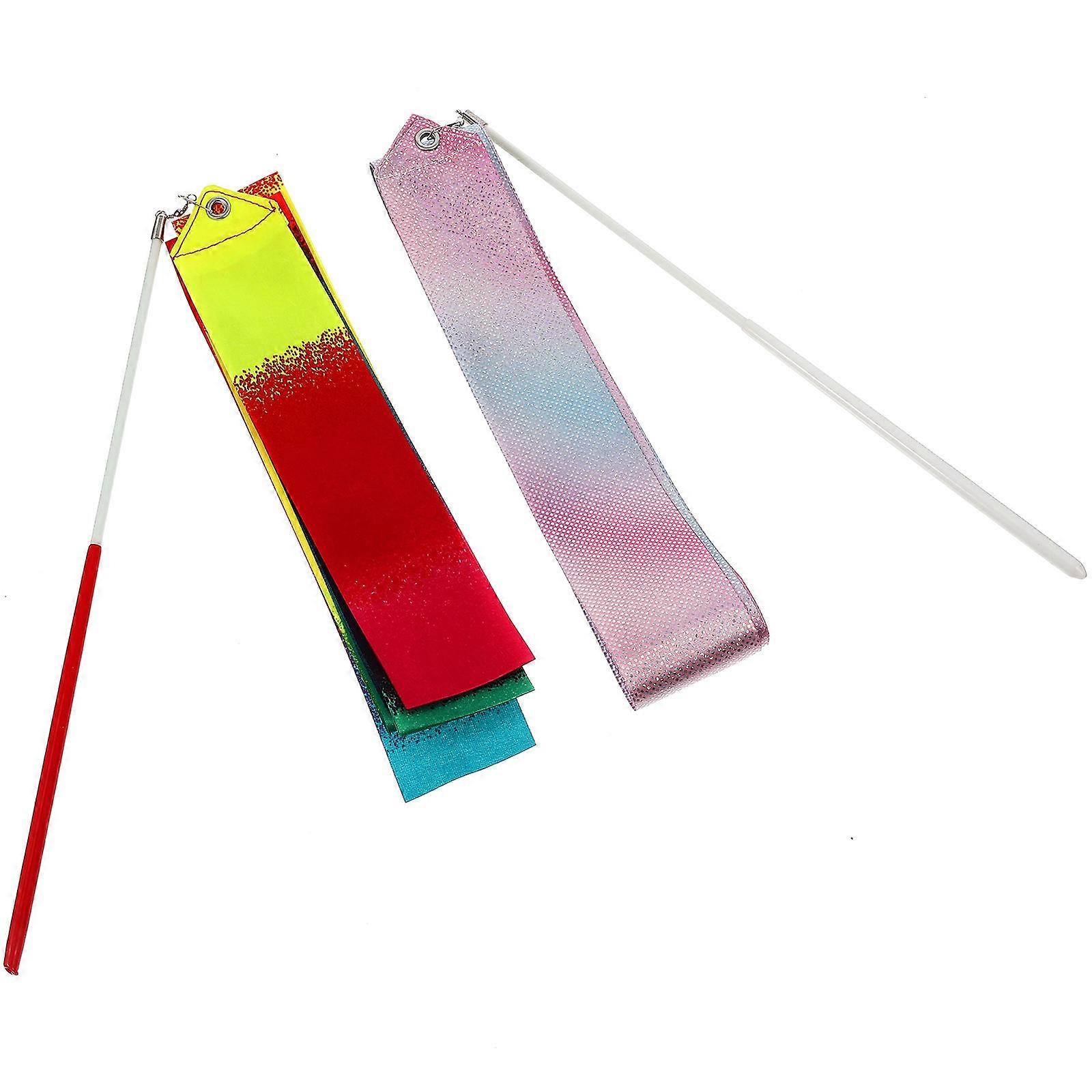 Gymnastics Ribbon Stick Dancing Performance Fairy Wands for Children and Performers Assorted Color Silk and Fiberglass 2Pcs