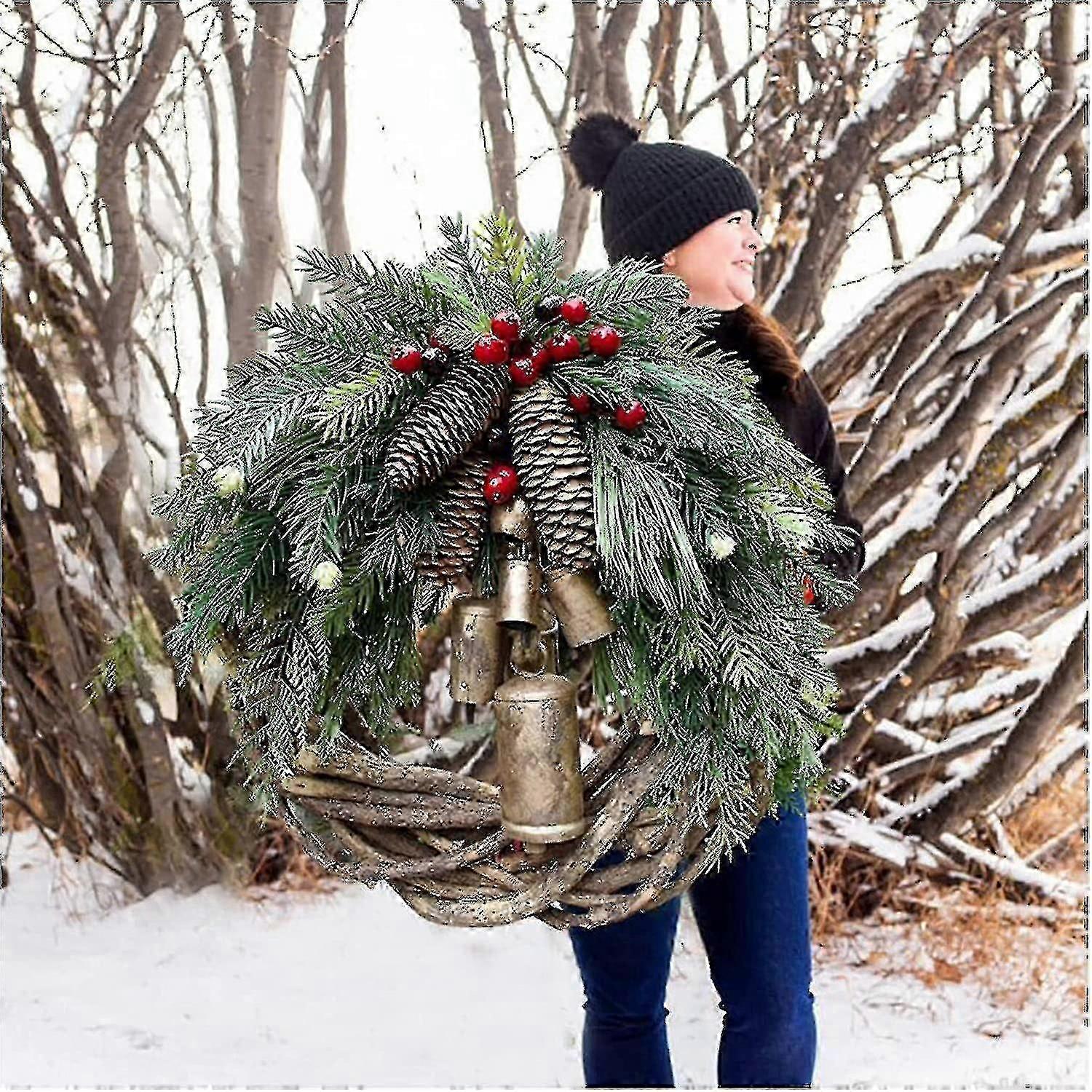 Farmhouse Wreaths For Door, 14 Inch Wreaths For Decorating Christmas, 2021 Golden Bells Hang Center Door Wreath - JV