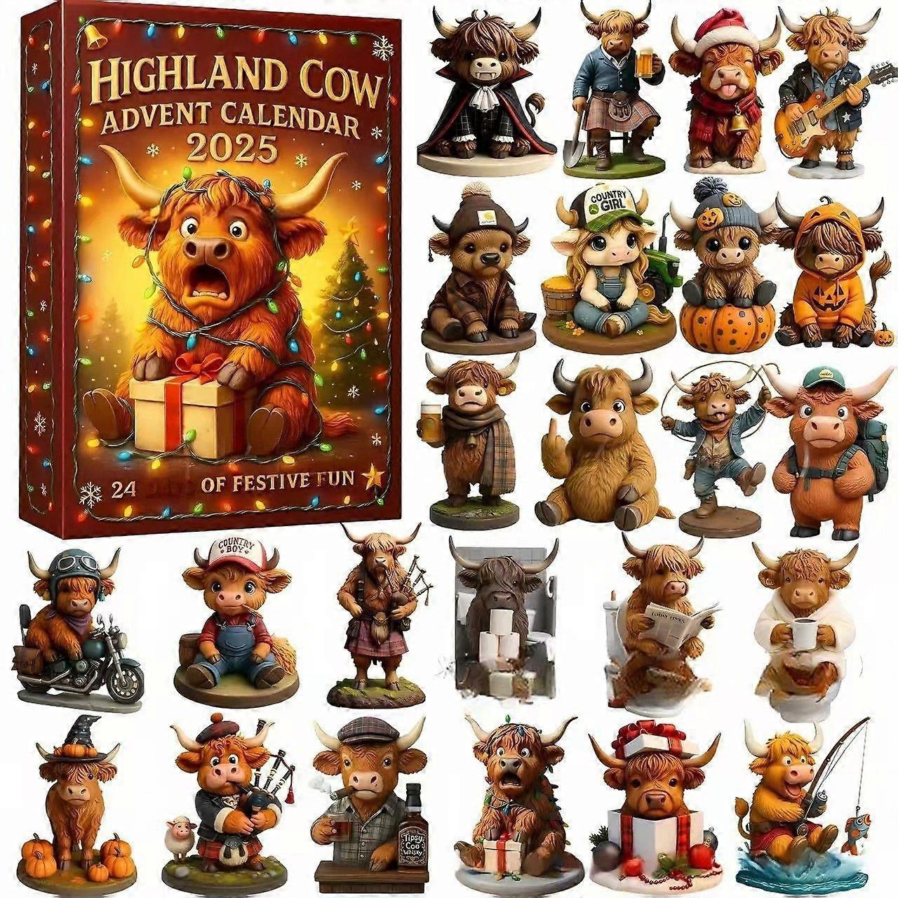 3D Highland Cow Advent Calendar 2025, 24 Days Christmas Countdown Calendar with 3D PVC Highland Cow Ornaments, Christmas Tree Decoration