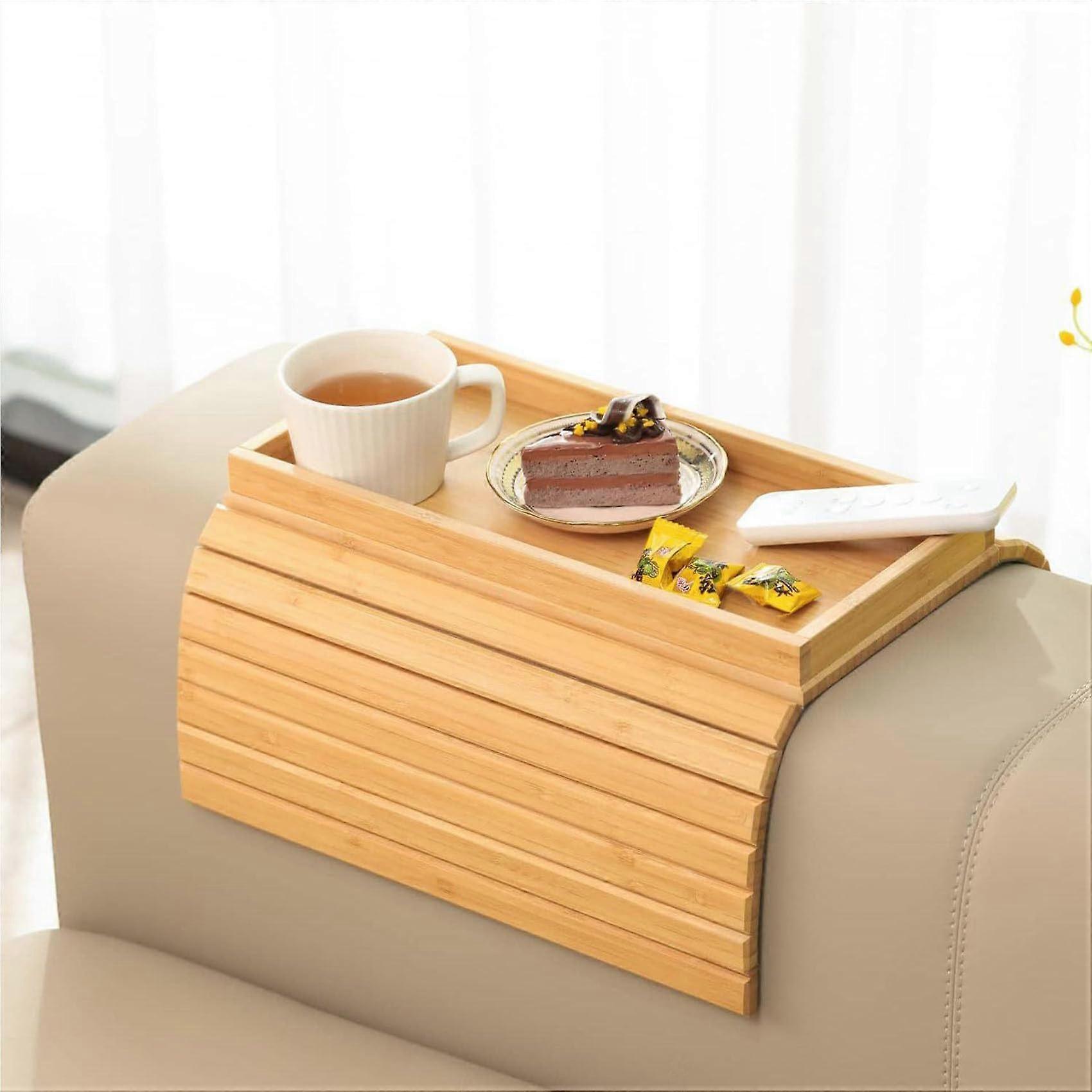 Foldable Bamboo Tray For Sofa Arm With Cup Holder Anti Slip Couch Arm Table Tray