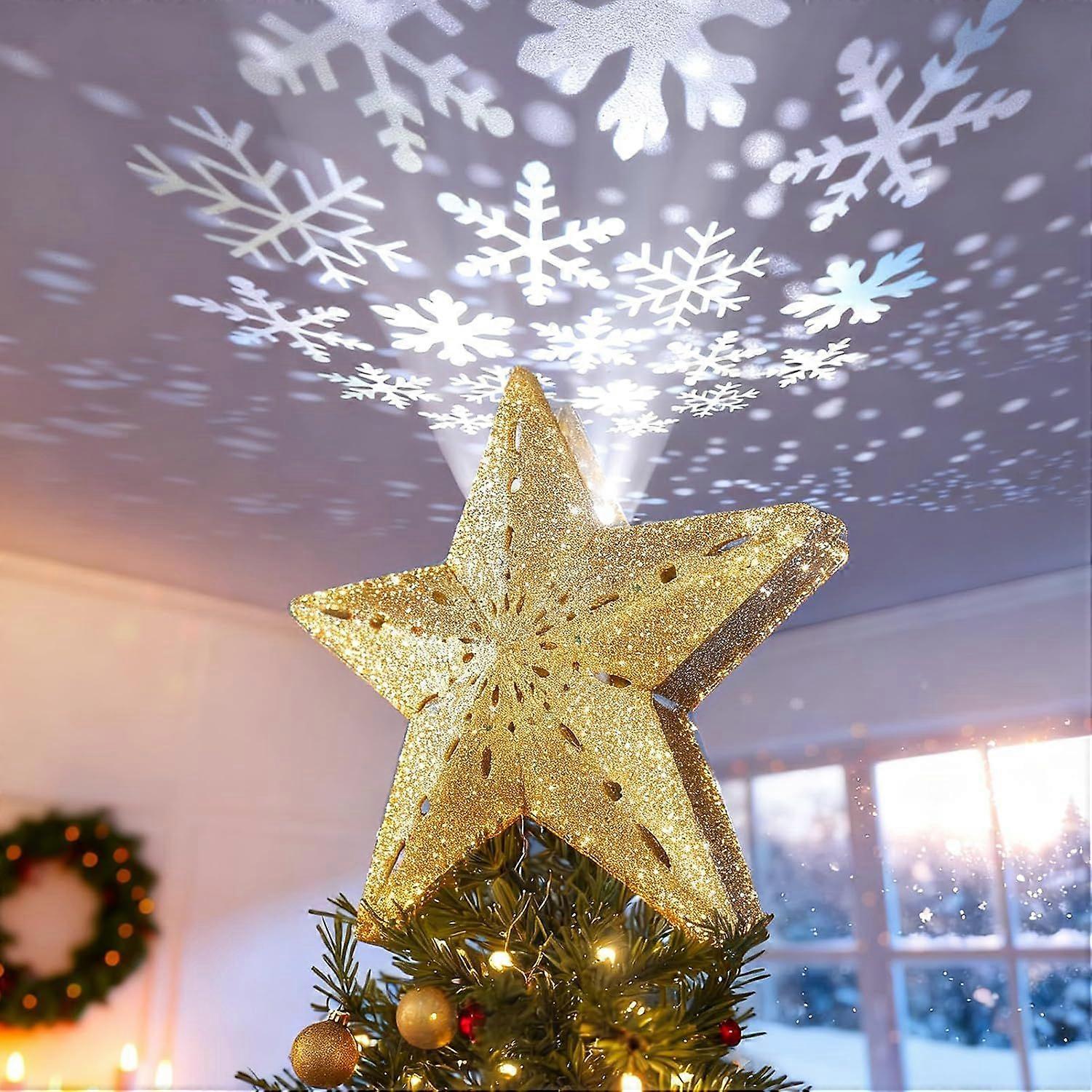 Christmas Tree Topper Lighted Star [Gold],3D Hollow Sparkling Star Christmas Tree Topper with Rotating Magic Cool White Snowflake Projector for Christ