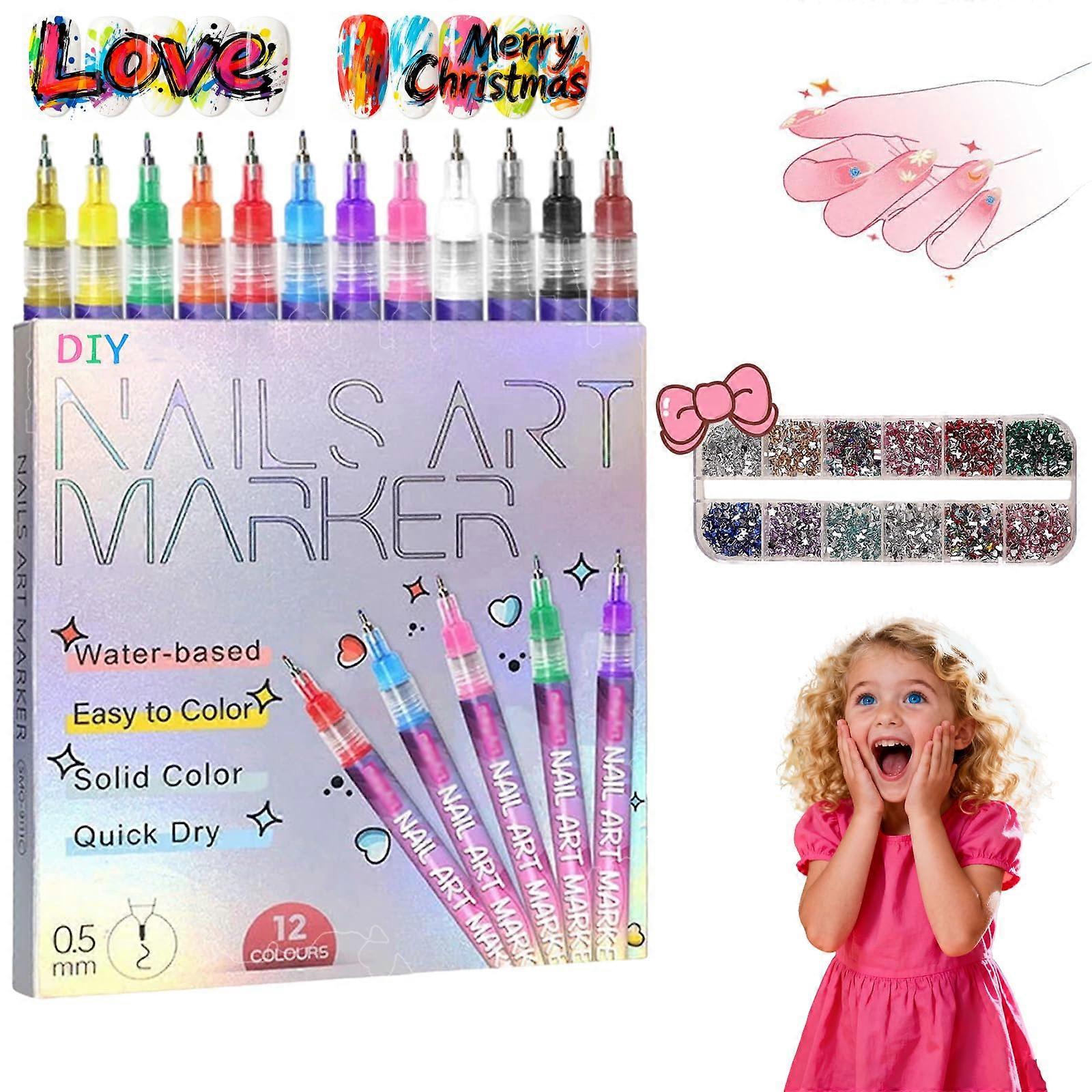 12 Colors Nail Art Pens Set with Precision Fine Tip, Acrylic Ink for DIY Nail Drawing and Painting