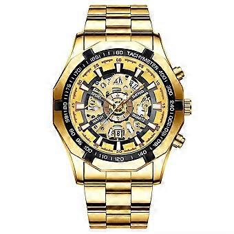 Quarzuhr, schwarze Uhr, runde Skelett-Armbanduhr aus Stahl, Herrenuhr (Y201)