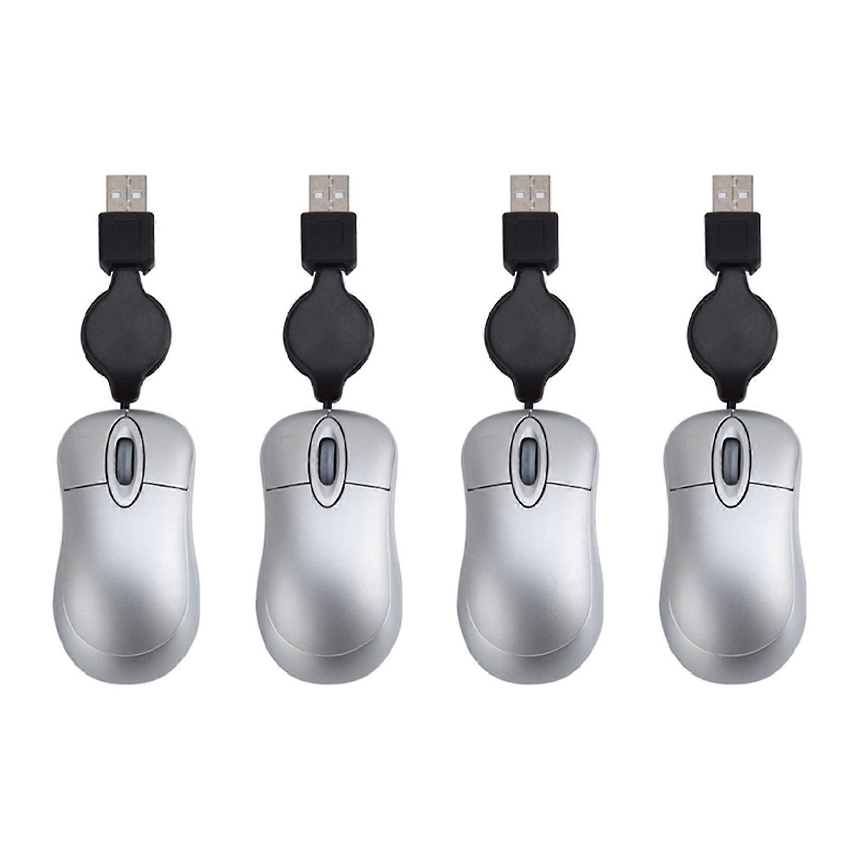 4X Mini USB Wired Mouse Retractable Cable Tiny Small Mouse 1600 DPI Optical Compact Travel Mice (Silver)