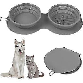 Double Collapsible Dog Bowls, Portable Travel Pet Slow Feeder Bowls, Foldable Expandable Cup With Non-spill Mat, For Outdoors Walking, Hiking, Camping