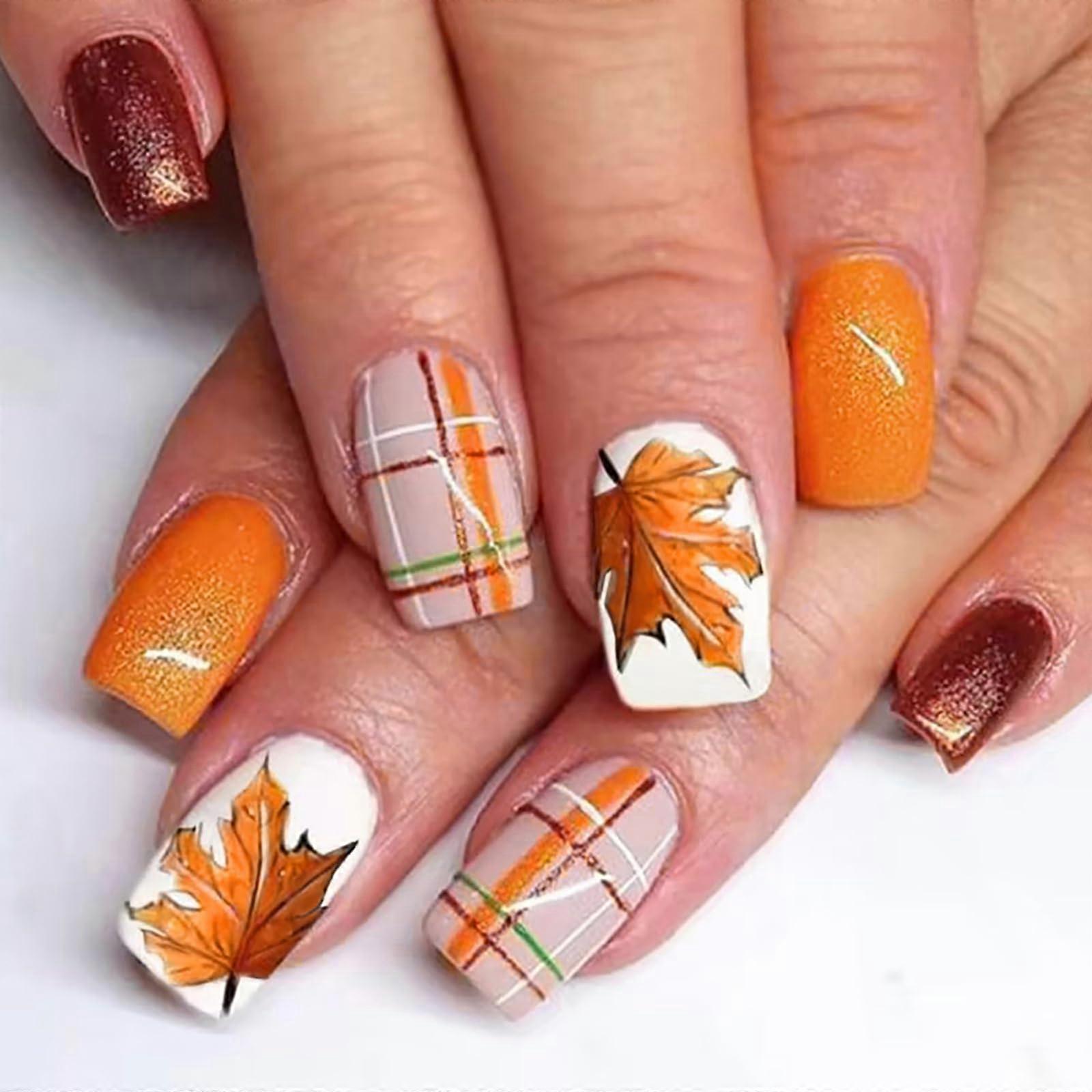Fall Maple Leaf Press On Nails Set Short Square Glitter Fake Nails with Plaid Design 24 Pcs