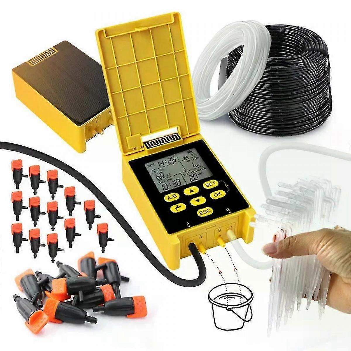 Solar Drip Irrigation Kit with Dual Pump Timer, 18650mAh Battery, Rain Sensor