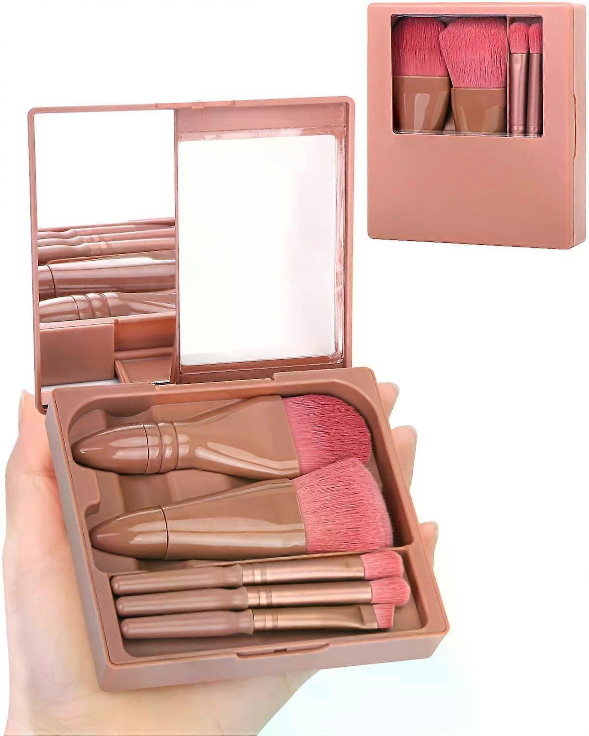 5pcs Mini Complete Function Cosmetic Brushes with Mirror Shell Portable Travel Makeup Brush  With mirror Set