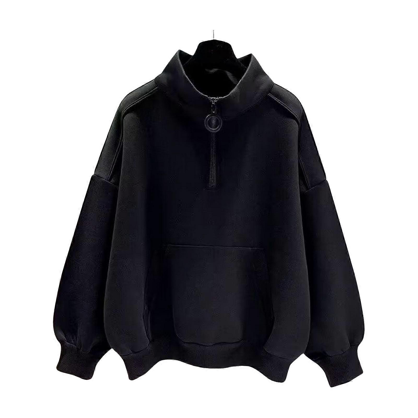 Unisex Fall Winter Sweatshirt Half Zipper Half High Collar Solid Color Loose Pullover Long Sleeves