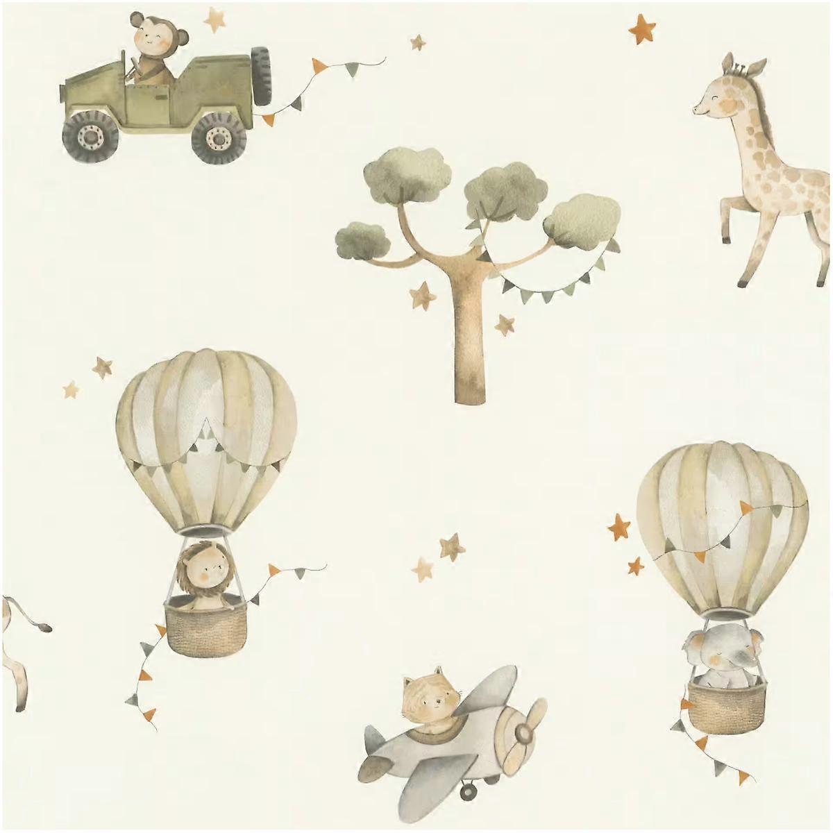 Beige/Green Safari Animals Wallpaper