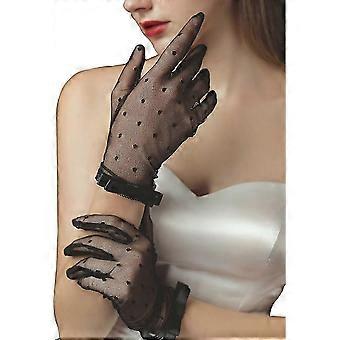 Guanti corti da sposa bianchi da donna, rete traspirante trasparente a pois, elasticizzati e compatibili con touchscreen, per matrimonio, tea party, opera serale, stile vintage.