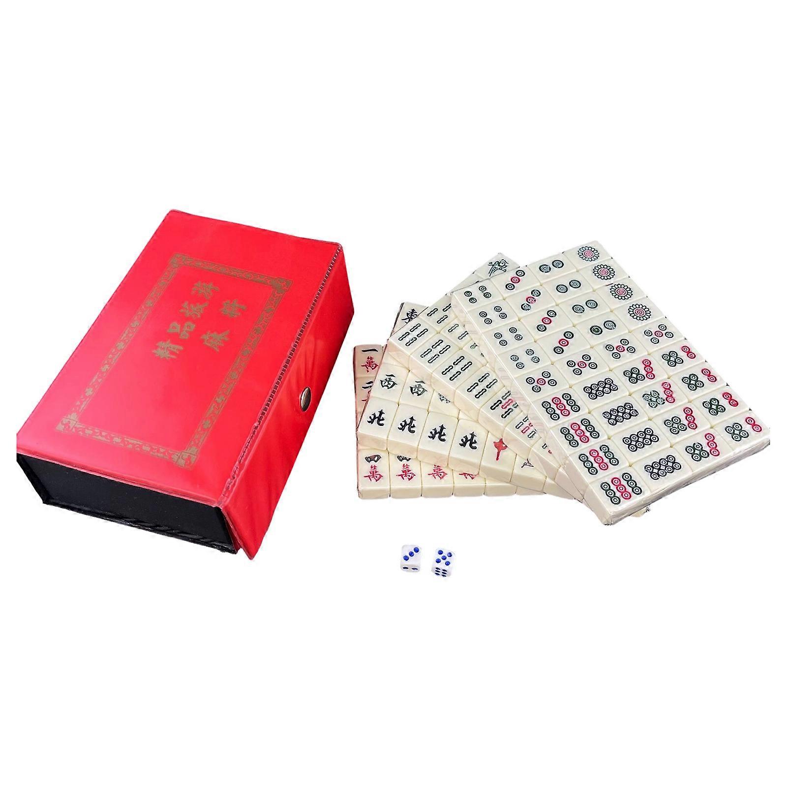 Tabletop Mahjong Set with White Plastic Tile and Multicolor Marking, Compacts Game Format for Shared Multiplayer Training on a Flat Surfaces